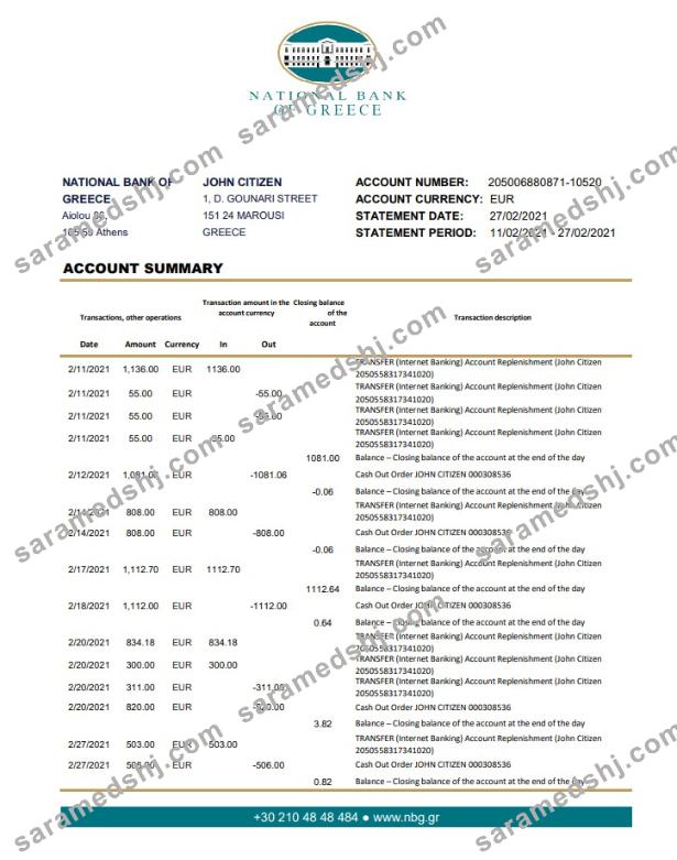 Greece National Bank of Greece bank statement template in .xls and .pdf file format